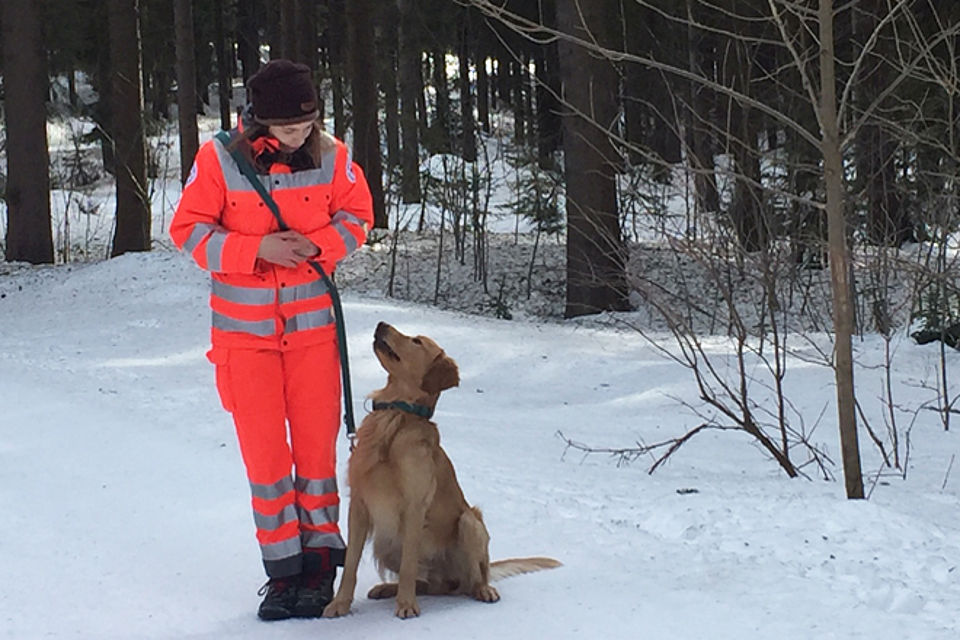 Rettungshundeteam im Winter